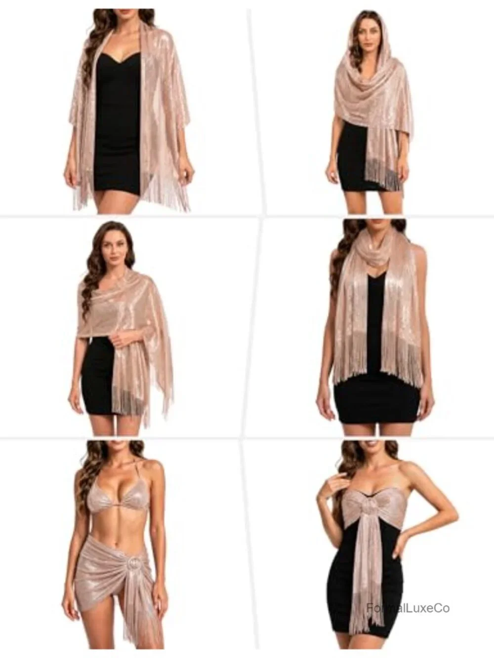 Metallic Glitter Pashmina Shawl Wrap with Buckle, 100% Polyester, Formal